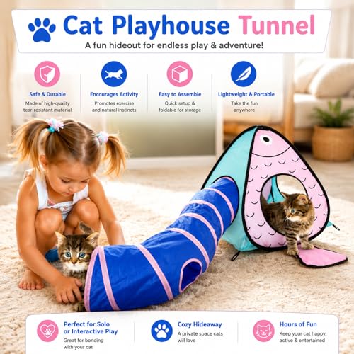 Rypet Cat Toy Tunnel and Cubes Bundle - Interactive Crinkle Collapsible Cat Tube and Foldable Cubes Playground for Kitty, Rabbit, Puppy, Ferret Hiding Hunting and Resting - color: Blue