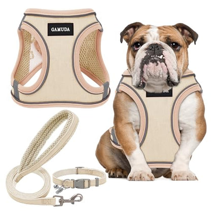 Small Pet Harness Collar and Leash Set, Step in No Chock No Pull Linen Fabric Soft Mesh Dog Vest Harnesses Reflective for Dogs Puppy Cats Kitten Rabbit (Khaki, L) - color: Khaki, size: Large