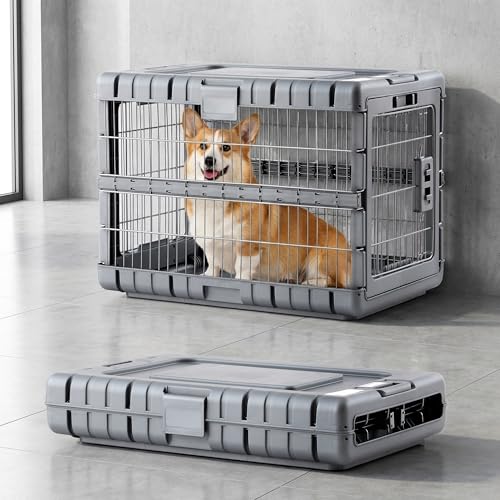 ZOMISIA Collapsible Dog Crate for Dogs - 28" L Heavy Duty Dog Kennel No Tools Required with 4 Sides Steel Foldable Cage for Dogs Indoor Furniture, Portable Carrier with 2 Smooth Wheels, Gunmetal - color: Gunmetal, size: 27.95 x 18.9 x 21.65 in