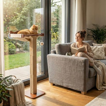 Sintuff Cat Window Perch with Scratching Post Climbing Tree Hammock Mounted with Suction Cups 46 Inch Tall Adjustable Narrow Cat Tree Climbing Pole for Playing Sleeping Watching Birds(Square)