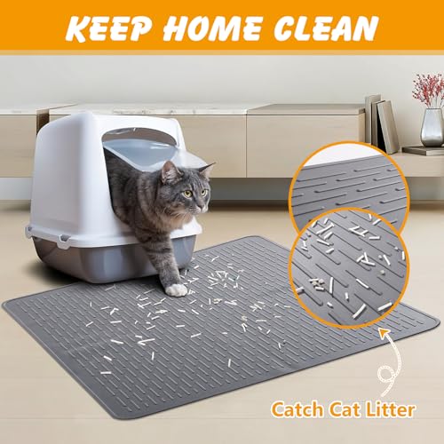 Silicone Cat Litter Mat, 28x20 in Waterproof Litter Box Mat Cats Feeding Mats with Raised Edges, Quick Clean Desig (Grey) - size: 28"L x 20"W