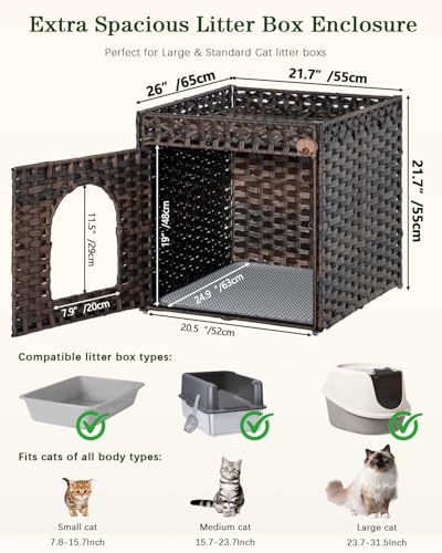 SETVSON Cat Litter Box Enclosure Furniture, Large Hidden Litter Box Furniture, Handwoven Rattan Cat House Cabinet, One Mat, Two S-Shaped Hooks, Living Room, Apartment 21.6 X 26 X 21.6 Inches, Brown - color: Brown, size: XL