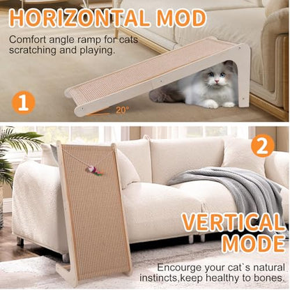 Sisal Cat Scratchers for Indoor Cats, 26.8'' L-Shape Cat Scratching Board, Solid Wooden Cats Scratch Pad with Mouse Toy, Large Cats Scratching Posts to Protect Furniture(Ramp Scratcher) - size: Ramp