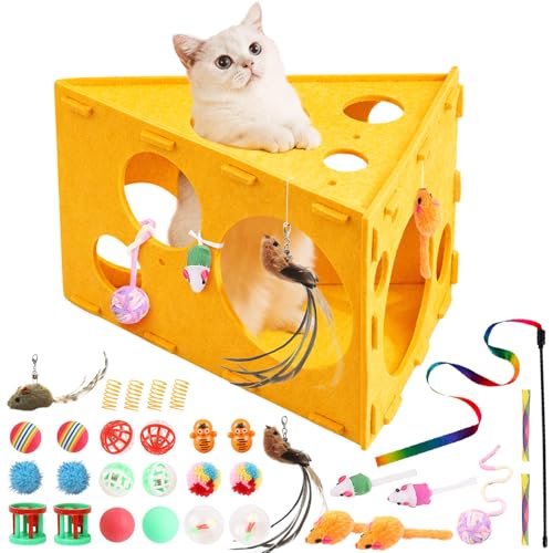 Cat House with 32 Toys, Cheese Cats Cave Hideout with Interactive Holes, Foldable Pet Activity Center, Playhouse Bed with Wand & Balls for Indoor Kitten