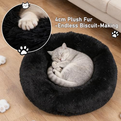 Calming Donut Dog Beds for Small Dogs Kitten - Washable Removable Cover Non-Slip Bottom, Round Pet Bed Puppy Bed Warming Fluffy Faux Fur Anti-Anxiety, Fits up to 15 lbs (Black, 20") - color: Black, size: 20"L x 20"W x 8"Th