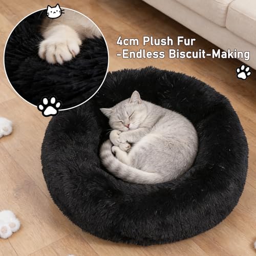 Calming Donut Dog Beds for Small Dogs Cats - Washable Removable Cover Non-Slip Bottom, Round Pet Bed Puppy Bed Warming Fluffy Faux Fur Anti-Anxiety, Fits up to 25 lbs (Black, 23") - color: Black, size: 23"L x 23"W x 8"Th