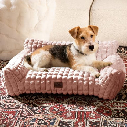 Cute Small Dog Couch Bed – Supportive & Fluffy Pet Sofa with Faux Rabbit Fur Washable Cover in 3D Diamond Pattern, 30" Pink - color: Pink, size: Medium: 30"L x 20"W x 10"Th