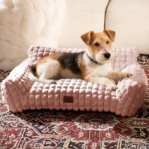 Cute Small Dog Couch Bed – Supportive & Fluffy Pet Sofa with Faux Rabbit Fur Washable Cover in 3D Diamond Pattern, 30" Pink - color: Pink, size: Medium: 30"L x 20"W x 10"Th