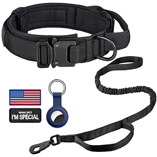 DAGANXI Tactical Dog Collar, Adjustable Military Training Nylon Dog Collar with Control Handle and Heavy Metal Buckle for Medium and Large Dogs, with Patches and Airtags Case (S, Black-Set) - color: Black-SET, size: S