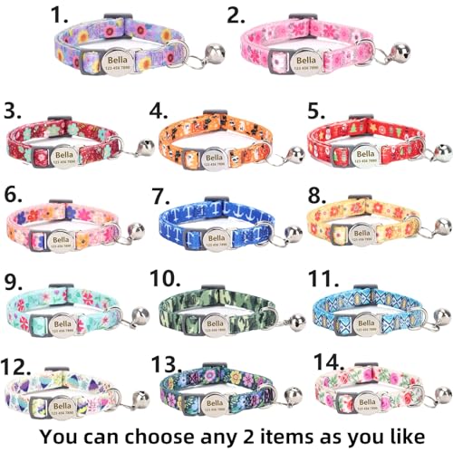 2 PCS Custom Personalized Customized Engraved Breakaway Boy Girl Kitten Cat Collar with ID Name Phone Number Buckle with Bell