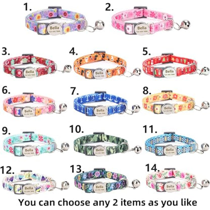 2 PCS Custom Personalized Customized Engraved Breakaway Boy Girl Kitten Cat Collar with ID Name Phone Number Buckle with Bell