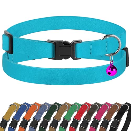 Breakaway Cat Collar Leather with Removable Bell - 13 Colors Available - Soft Adjustable Girl Boy Safety Lightweight Pet Kitten Collars Pink Brown Blue Green Red Orange Black (Aquamarine) - color: Aquamarine