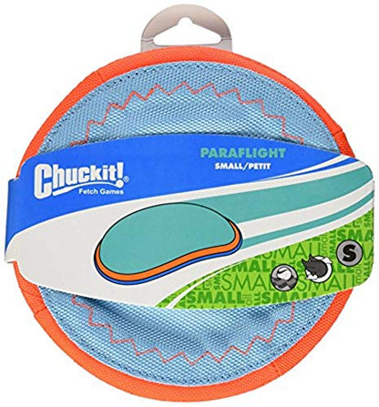 Chuckit! Paraflight Flying Disc Dog Toy, Small (6.75") and Chuckit! Flying Squirrel Fetch Dog Toy, Size Medium (9.5" Diameter) - size: Small, style: Flyer + Dog Toy, (Orange/Blue)
