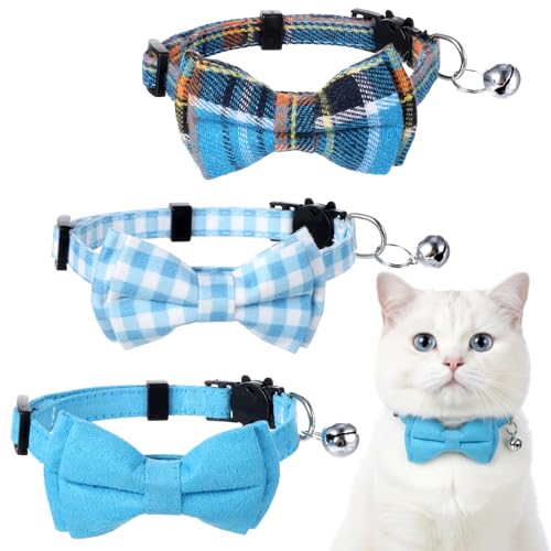 3Pcs Cute Cotton Kitten Collar with Removable Bow Tie and Bell, Adjustable Cat Breakaway Collar, Soft Bowtie Dog Collars Pattern Accessories for Small Medium Large Pet