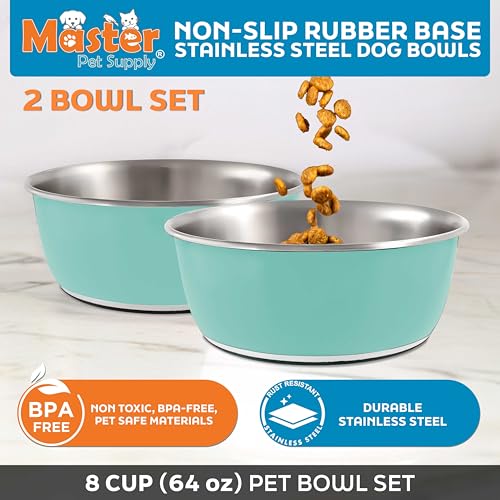 Master Pet Supply Stainless Steel Dog Bowls Set of 2 (64 Oz Each) with Non-Slip Rubber Base - Aqua Sky - Basic Dog Food Bowl Water & Food Bowls for Small Medium Large Dogs & Cats, Metal Dish - color: Aqua Sky, size: 8 Cups (64 oz) 2 Pack