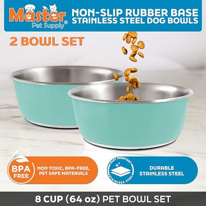 Master Pet Supply Stainless Steel Dog Bowls Set of 2 (64 Oz Each) with Non-Slip Rubber Base - Aqua Sky - Basic Dog Food Bowl Water & Food Bowls for Small Medium Large Dogs & Cats, Metal Dish - color: Aqua Sky, size: 8 Cups (64 oz) 2 Pack