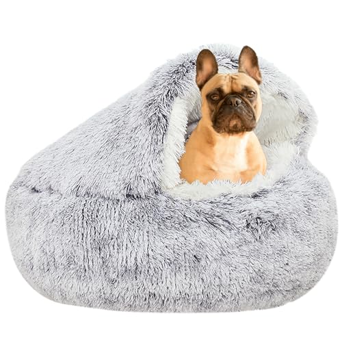 YUDANSI Small Dog Bed Hooded, Cat Cave Bed for Indoor Cats with Covered Hood for Small Dogs Cats Puppy, Plush Faux Fur Enclosed Nest(Gray-26'') - color: gray, size: 26inch