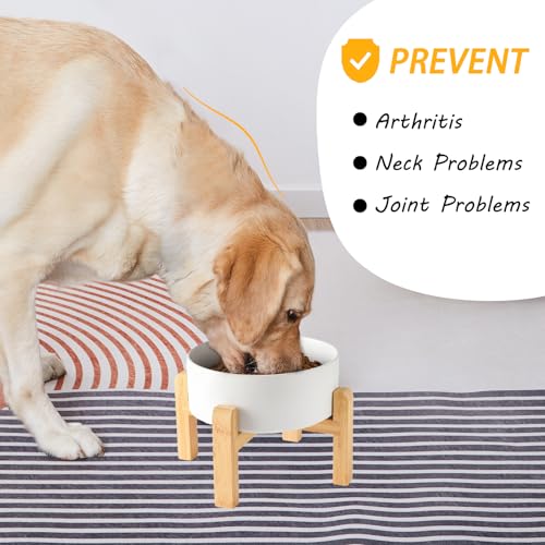 8'' Ceramic Raised Dog Bowl - 70Oz Dog Food & Water Bowl with Elevated Non-Slip Bamboo Stand, Dishwasher & Microwave Safe, Anti Vomiting Heavy Duty Pet Bowl for Medium and Large Dogs, White - color: 1 x Bowl + Stand - White, size: 8 inch
