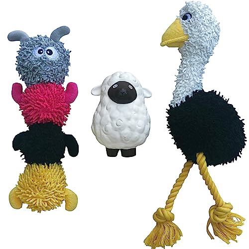 rocket & rex Dog Chew Toy Set for Small to Medium Breeds, Includes a Rope Toy, Rubber Squeaker and Plush Toys with Ball, Reduces Destructive Chewing & Anxiety (Pack of 3)