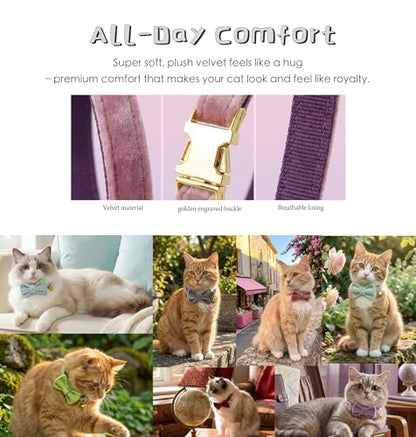 Personalized Velvet Cat Collar with Bell, Custom Engraved Name and Phone Number, Adjustable Luxury Kitten Collar, Non-Breakaway Secure ID Collar for Cats and Kittens - color: Dark Blue, size: L