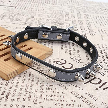 Mogoko Personalized Punk Rock Spiked Dog Collar, Custom Puppy Pet Reflective Leather Collar with Engraved ID Name Plate for Small Medium Large Dogs（S Size; Black）