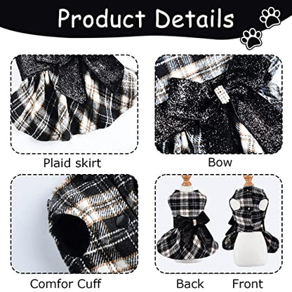 Small Dog Sweater Dog Clothes Outfit - Puppy Dresses for Small Dogs Girl Doggie Princess Plaid Dress - Pet Holiday Festival Apparel Winter Spring Skirt, XXS, Black - color: Black Plaid, size: XX-Small (Chest 11in )
