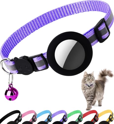 Airtag Cat Collar Breakaway, Reflective Kitten Collar with Apple Air Tag Holder and Bell for Girl Boy Cats, 0.4 Inches in Width and Lightweight(Purple) - color: Purple