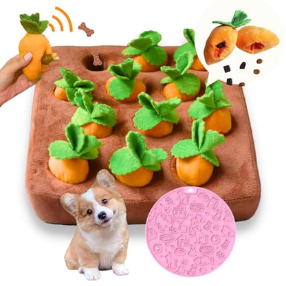 CECE PAW Dog Enrichment Puzzle, Interactive Squeaky Carrot Farm Snuffle Mat for Mental Stimulation and Puppy Brain Training, Small, Medium and Large Dogs (Upgraded Carrots with Treat Pockets) - color: Carrot Puzzle + Lick Mat, size: Dog