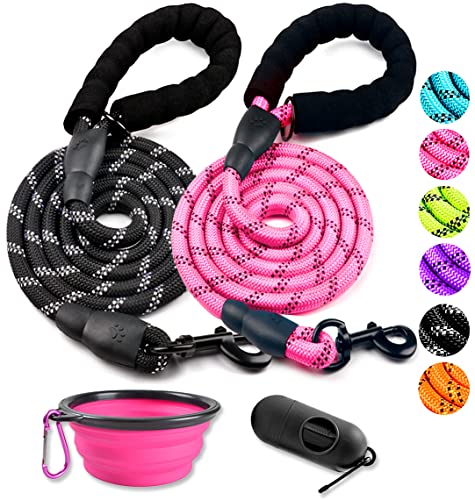 2 Pack Dog Leash 6 FT Heavy Duty - Comfortable Padded Handle - Reflective Dog Leash for Medium Large Dogs with Collapsible Pet Bowl Set 1-Black+Pink - color: Set 1-Black+Pink, size: 1/2"x 6 FT (18~120 lbs.)