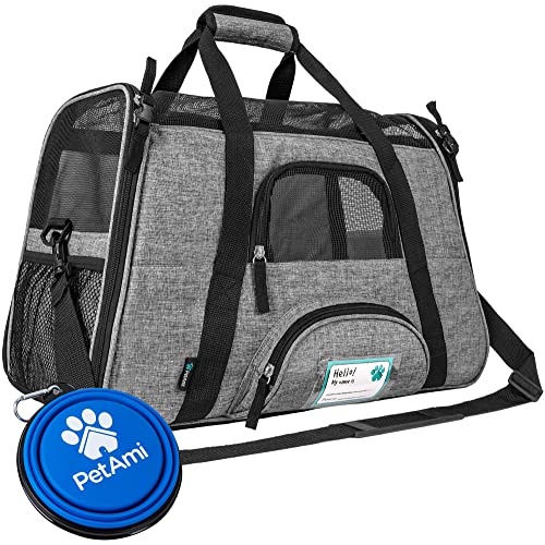 PetAmi Airline Approved Pet Carrier for Cats & Small Dogs, Soft Sided TSA Travel Carrier Bag Sherpa Bed, Breathable Mesh Ventilation, Collapsible Bowl, Fit Under Seat, Up to 18 lbs, Large Heather Gray - color: Heather Gray, size: Large - 19.5"L x 10.2"W x