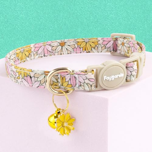 Faygarsle 2 Pack Pink Bow Floral Pattern Cat Collars Breakaway Safety Collar with Bell Spring Summer Design for Girl Cats,Pink Yellow - color: Pink Bow&Yellow Flower