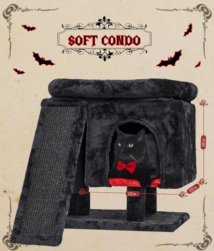 SYANDLVY Gothic Cat Tree with Coffin Bed for Indoor Cats, Cat Tower with Scratching Post, Modern Activity House for Large Cats, Condo with Board, Kittens Cave - color: Black & Red