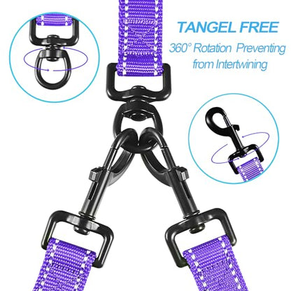 Double Dog Leash, No Tangle Dual Leash, Reflective Walking Training Lead, 4 Comfortable Padded Handles for 2 Dogs with Collapsible Bowl and Waste Bags (Purple, Large) - color: Purple