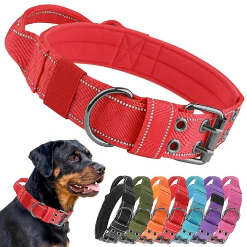 Tactical Dog Collar with Control Handle, Military Adjustable Pet Collar Reflective Heavy Metal Buckle Dog Collar, Soft Nylon Training Collar for Medium Large Dogs (Red, Medium) - color: Red, size: Medium