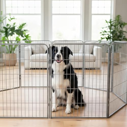Dog Play Pen for Indoor Use - 24'', 8 Panels for Small and Puppy Size Dogs - Portable Grey PlayPen Kennel for House or Garage - Metal Heavy Duty Pet Fence with Anti-Slip Feet - size: 24 Inches