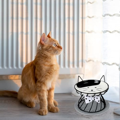 2PCS Ceramic Elevated Cat Bowls, Raised Pet Food Bowl Whisker Friendly, Anti-Vomiting Food Plate with Cute Metal Stand, Shallow Food Plate for Indoor Cat, Protects Spine - color: Black set of 2