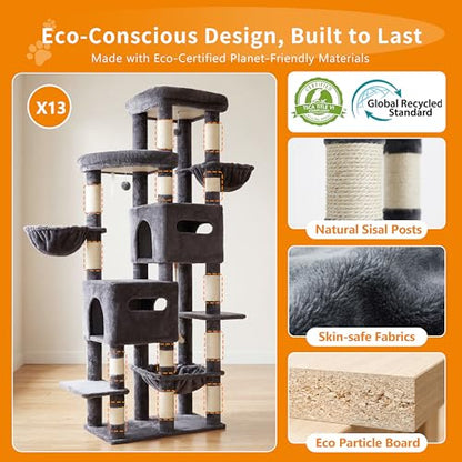 Heybly Cat Tree, 74.8-Inch Spacious & Tall Cat Tower for Large Cats, Cat Furniture with Large Top Perch, Solid Base, 2 Cat Condos, Hanging Hammock, Durable Sisal Scratching Posts, Smoky Gray HCT062G - color: Smoky Gray
