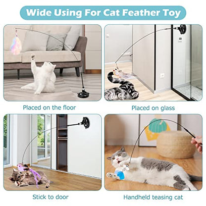 Cat Toys Wand, Interactive Cat Toy with Super Suction Cup Sticky Detachable 12 PCS Feather Replacements 2 Wands Cat Spring Feather Toys for Indoor Cats Kitten Toys (4 Birds Replacements) - color: 4 Birds Replacements