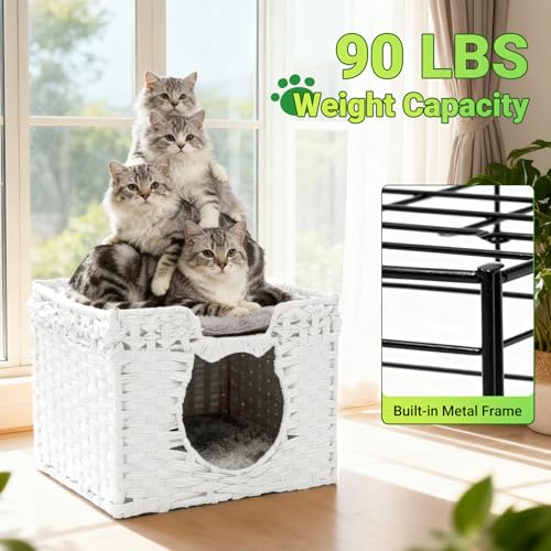 Handwoven Rattan Cat Cave w/Two Cushions, Cat Beds Indoor Kitten House, Waterproof & Foldable Pet Cube Bed, White, 16.5”L x 16.5”W x 12.6”H - color: Gray