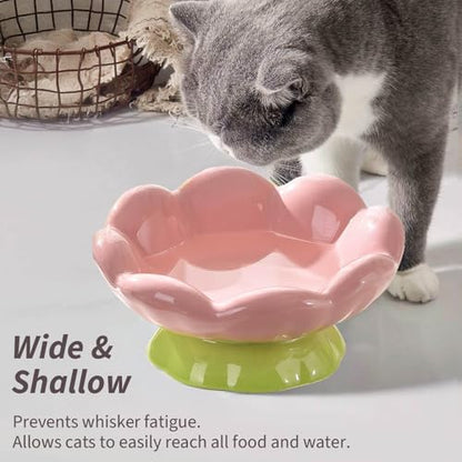 Ceramic Raised Cat Bowl, Shallow Wide, Anti-Vomiting and Whisker Fatigue, Non-Slip, Tilted Cute Flower Cat Food and Water Bowls for Indoor Cats or Small Dogs, Pink - size: Shallow Bowl