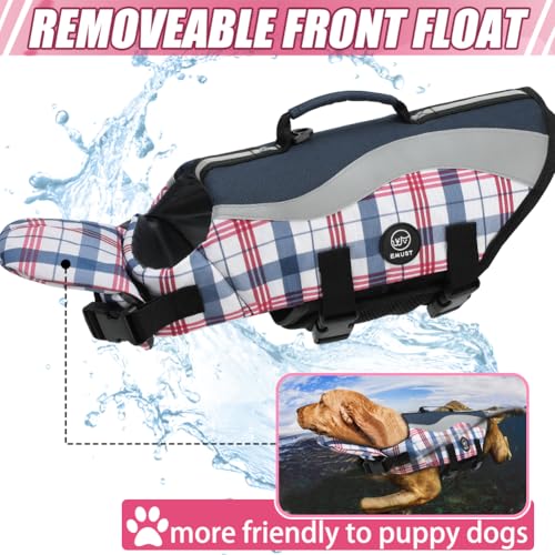 EMUST Dog Life Vests, Adjustable Dog Life Jackets for Small Dogs with Enhanced Buoyancy, Small Swim Vest with Durable Rescue Handle, Navy Check, XS - color: NavyCheck, size: XS