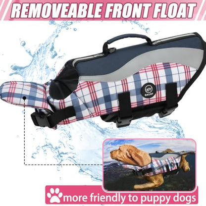EMUST Dog Life Vests, Adjustable Dog Life Jackets for Small Dogs with Enhanced Buoyancy, Small Swim Vest with Durable Rescue Handle, Navy Check, XS - color: NavyCheck, size: XS