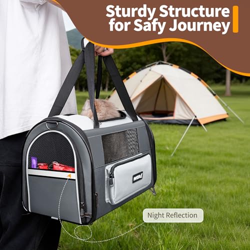Collapsible Small Pet Carrier for Cat 15 lbs with Fashion Pocket, Lightweight Sturdy Travel Carry Bag Little Puppy Dog, Breathable Stylish Kitten Soft Cage Kennel, 17.7x11.0x11.8 Inch Grey - color: Grey