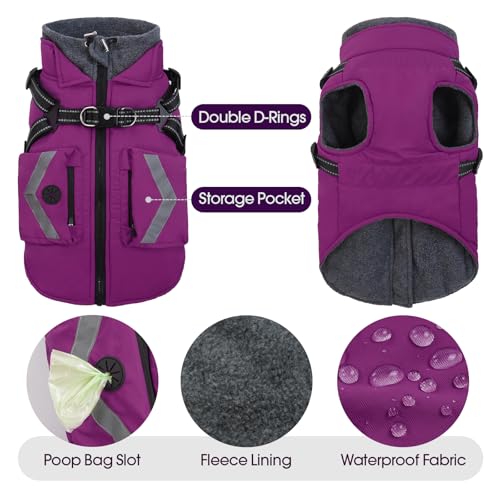 FUAMEY Fleece Lined Dog Coat, Warm Dogs Jacket with Harness, Pop Bag Pockets, Extra Large Doggy Thermal Vest Back Zipper Winter Suit, Snow Cold Weather Outfits, Weimaraner (Violet, 2XL) - color: Bright Violet, size: XX-Large