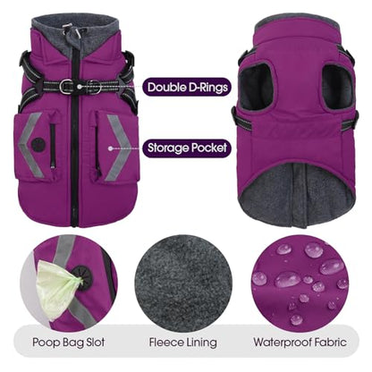 FUAMEY Reflective Dog Winter Coat, Fleece Lined Jacket for Large Dogs Back Zipper, Turtleneck Cozy Doggy Vest Thermal Clothes with Harness, Cold Weather Snow Outfits, Great Dane (Violet, 3XL) - color: Bright Violet, size: XXX-Large