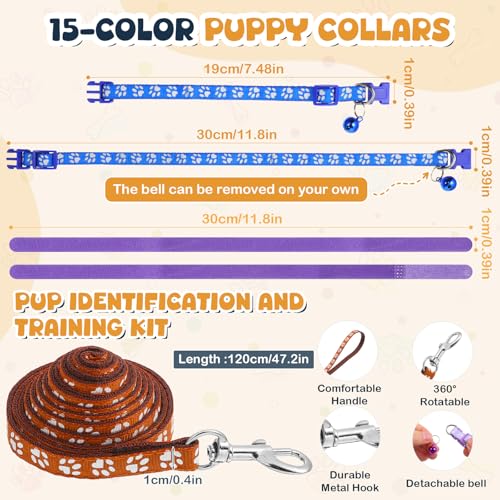 45 Pcs Puppy Collar and Leash, Colorful Adjustable Dog Collars with Marker Straps Soft Polyester Paw Pet Puppy Collar Quick Release Buckle for Small Dogs Walking Training (Detachable Bell)