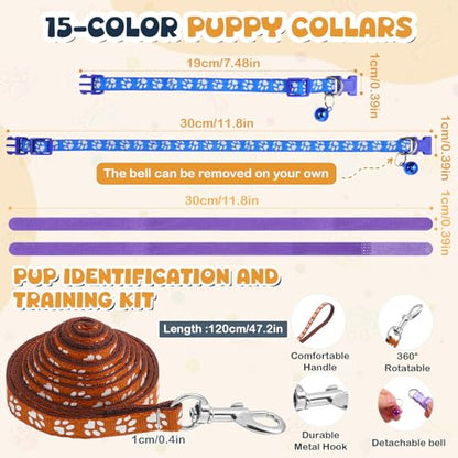 45 Pcs Puppy Collar and Leash, Colorful Adjustable Dog Collars with Marker Straps Soft Polyester Paw Pet Puppy Collar Quick Release Buckle for Small Dogs Walking Training (Detachable Bell)