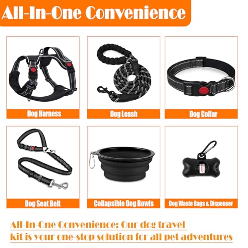 LOBEVE No Pull Dog Harness, Collar & Leash Set | Includes Dog Seat Belt, Collapsible Bowls & Poop Bag Dispenser. Ideal for Training, Walking, Hiking. Fits Small to Large Dogs(Black-XL) - color: Black, size: X-Large