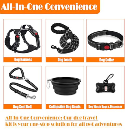 LOBEVE No Pull Dog Harness, Collar & Leash Set | Includes Dog Seat Belt, Collapsible Bowls & Poop Bag Dispenser. Ideal for Training, Walking, Hiking. Fits Small to Large Dogs(Black-M) - color: Black, size: Medium