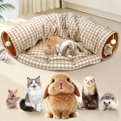 Spardar Bunny Tunnel Bed, 2-in-1 Collapsible Tunnel Tubes Toys, Washable, with Removable Mat Hideout, Interactive Toys for Rabbits Chinchilla Hedgehog Guinea Pigs Kitty, Checkered - color: Checkered